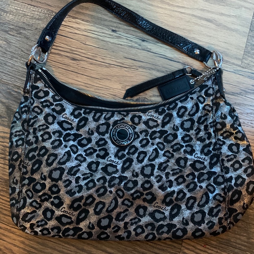 Coach black and silver leopard purse